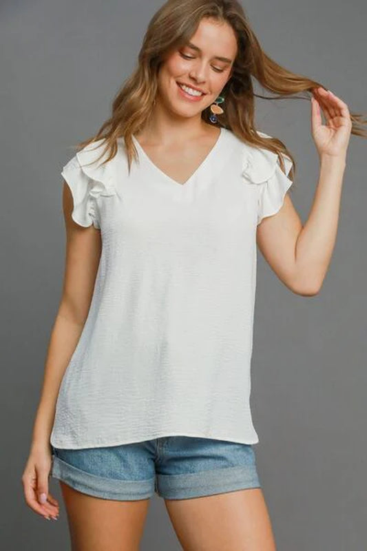 Umgee Full Size V-Neck Double Layered Ruffle Sleeve Blouse plus Size