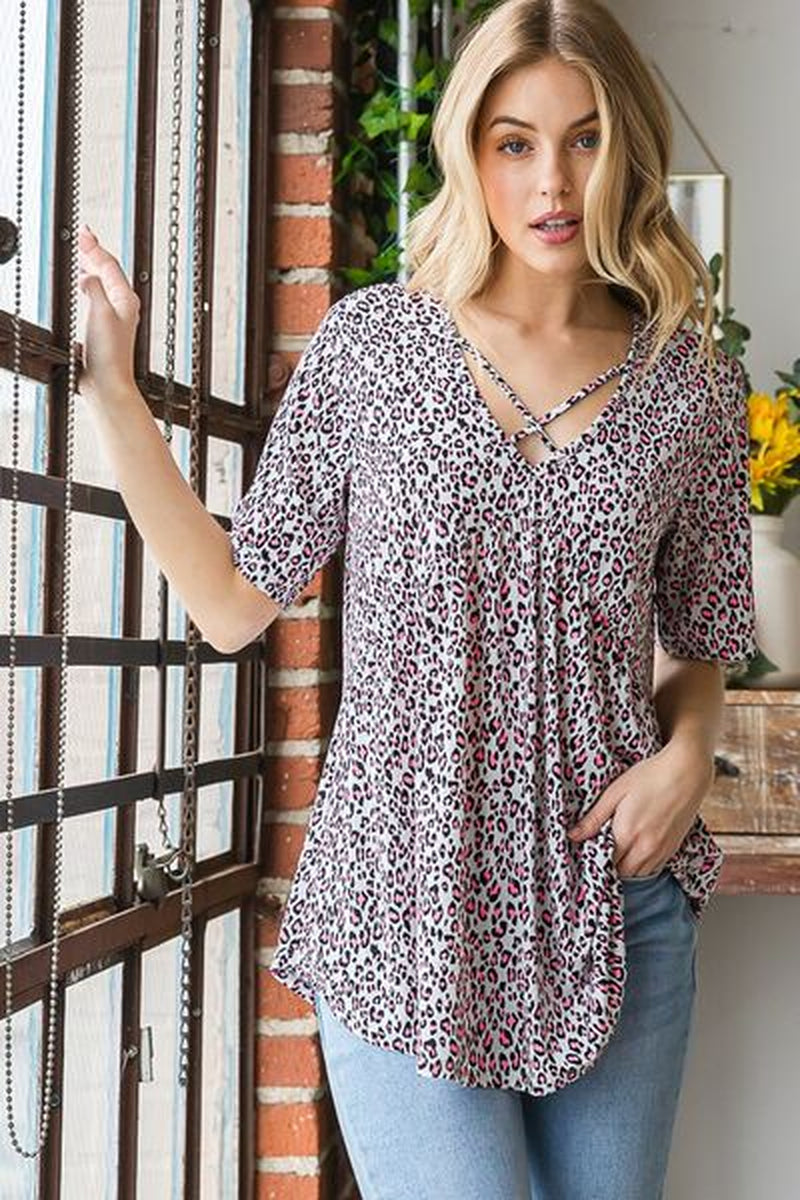 Heimish Full Size Short Sleeve Crisscross Animal Babydoll Top plus Size