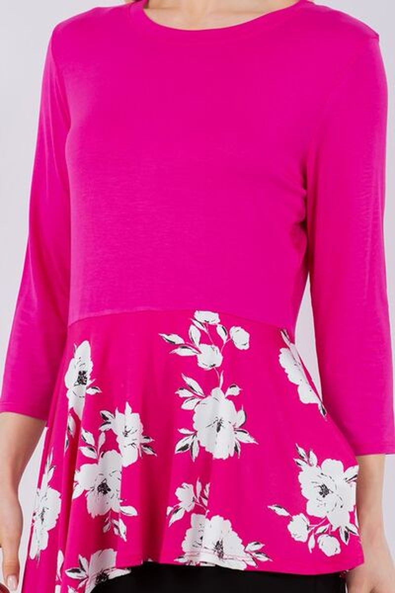Celeste Full Size Floral Asymmetrical Hemline round Neck Top plus Size