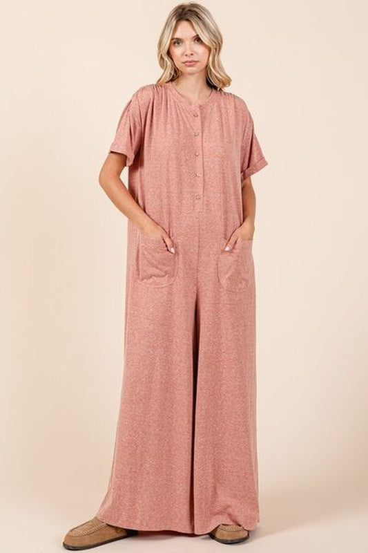 Mittoshop Button Detail Jumpsuit - Short Sleeve Wide Leg Jumpsuit