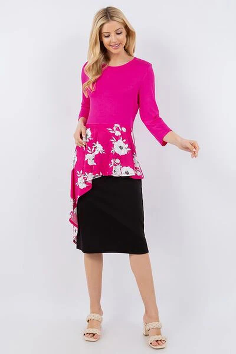 Celeste Full Size Floral Asymmetrical Hemline round Neck Top plus Size
