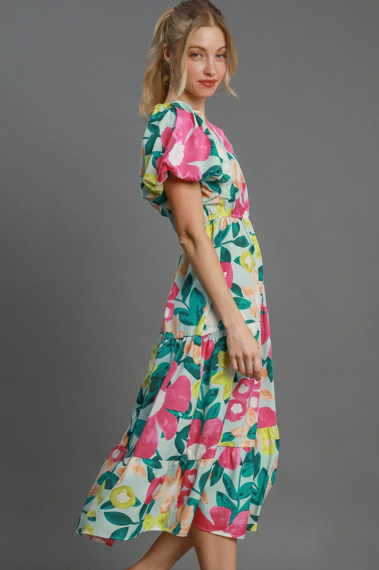 Umgee Full Size Tiered Floral Print Notched Puff Sleeve Midi Dress plus Size