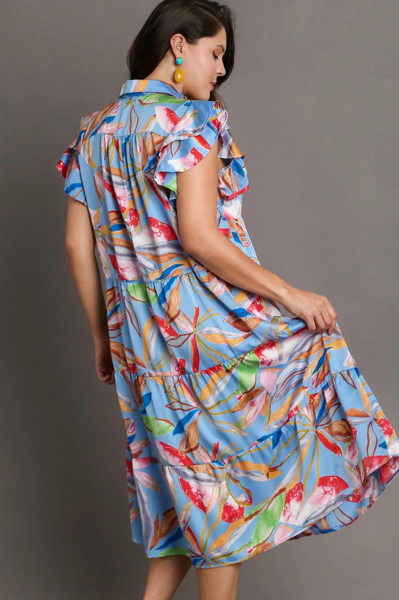 Umgee Full Size Leaf Print Double Layered Ruffle Sleeve Tiered Midi Dress plus Size